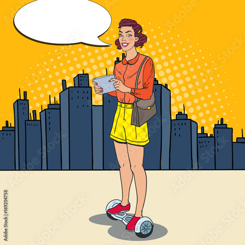 Pop Art Woman Riding Gyroscooter in the City. Electric Self-Balancing Urban Transport. Vector illustration