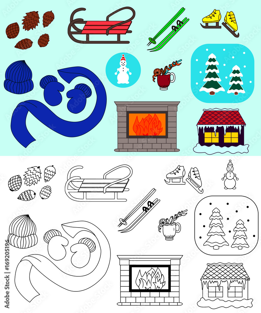 Fototapeta premium Icons set of winter including sketch