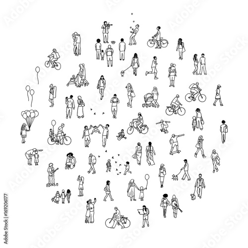 Round circle with tiny people: pedestrians in the street, a diverse collection of small hand drawn men and women walking through the city
