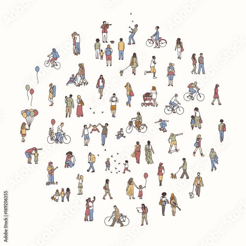 Round circle with tiny people  pedestrians in the street  a diverse collection of small hand drawn men and women walking through the city