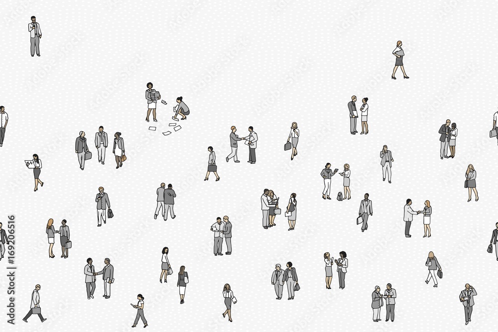 Illustration of tiny businesspeople: a diverse collection of small hand drawn men and women in business suits, small office workers walking through the city, seamless banner, can be tiled horizontally Illustration of tiny businesspeople: a diverse collection of small hand drawn men and women in business suits, small office workers walking through the city, seamless banner, can be tiled horizontally