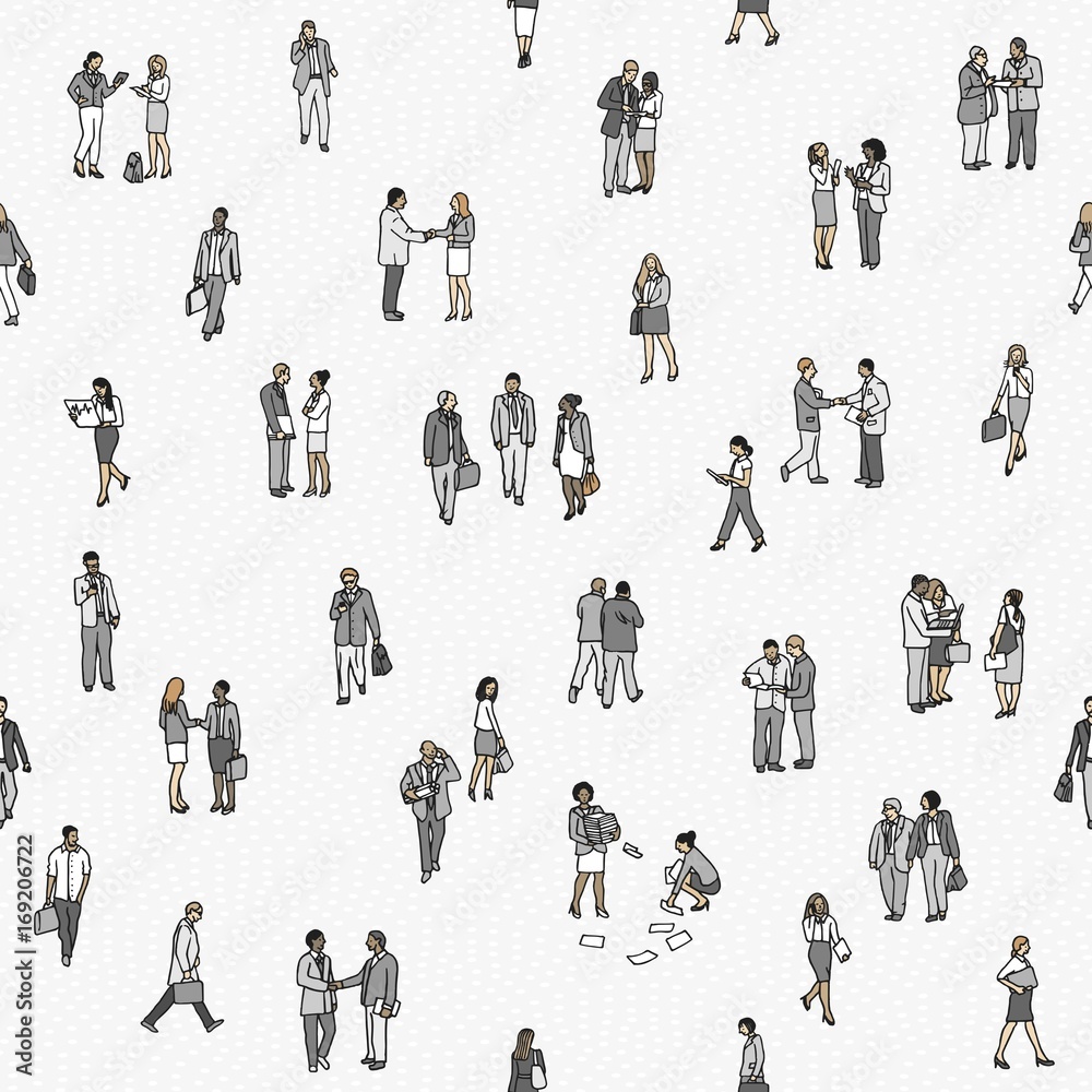 Seamless pattern of tiny business people: a diverse collection of small hand drawn men and women in business suits, small office workers walking through the city 