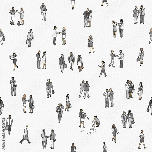 Seamless pattern of tiny business people: a diverse collection of small hand drawn men and women in business suits, small office workers walking through the city 