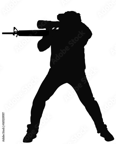 Silhouette of a sniper vector silhouette illustration. Soldier with rifle with optic. Paintball player. Recreation with adrenaline in urban environment.