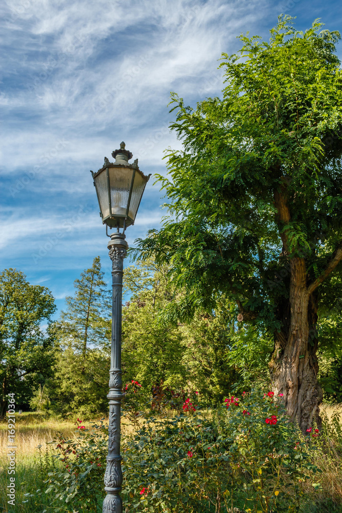Old street lantern in the park at sunshine and blue sky Old street lantern in the park at sunshine and blue sky