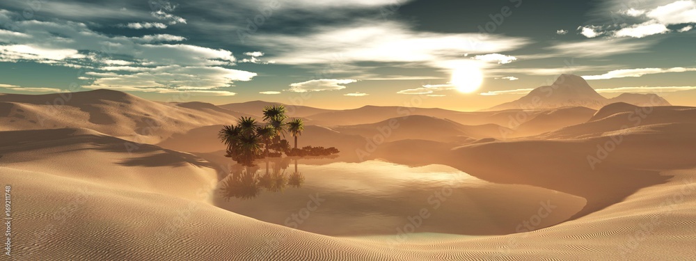 Beautiful oasis in the sandy desert, panorama of the desert landscape, sunset over the sands, 3D rendering - obrazy, fototapety, plakaty 