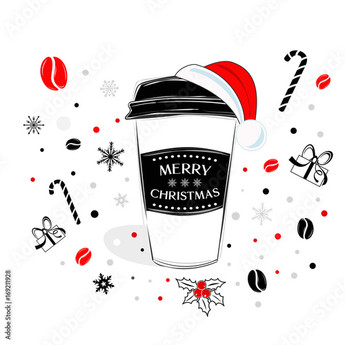 Christmas coffee cup with text over holiday background vector illustration. Christmas creative greeting card design.