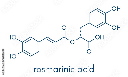 Rosmarinic acid herbal antioxidant molecule. Present in a number of plants including rosemary (Rosmarinus officinalis). Skeletal formula.