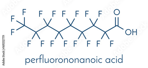 Perfluorononanoic acid (PFNA, perfluorononanoate) surfactant molecule. Skeletal formula. photo