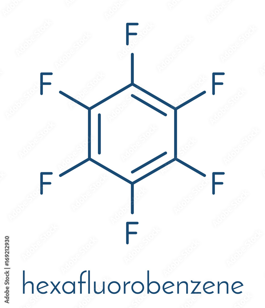 Hexafluorobenzene molecule. Skeletal formula. Hexafluorobenzene molecule. Skeletal formula.