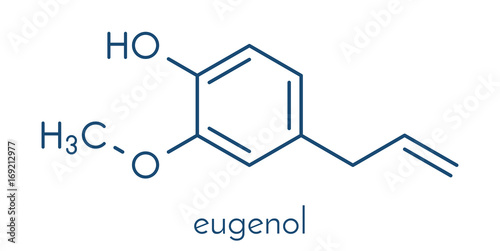 Eugenol herbal essential oil molecule. Present in cloves, nutmeg, etc. Skeletal formula. photo