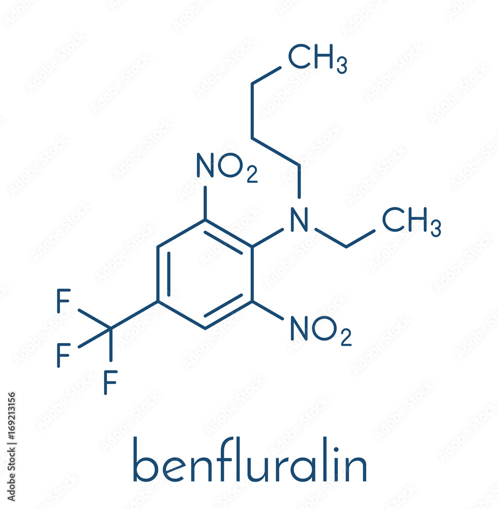 Benfluralin herbicide molecule. Skeletal formula.