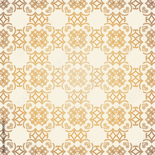 Vector seamless pattern with line art ornament and golden gradient . Retro background for design in vintage style. Ornamental lace. Ornate floral decor for wallpaper. Endless texture. 