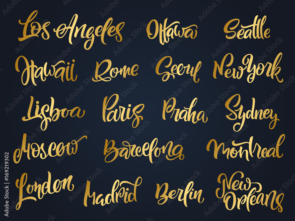 Set of handwritten city names. Hand-lettering calligraphy. London, Paris, Berlin, Madrid, New York, Moscow, Barcelona, Hawaii, Lisboa, Los Angeles, Montreal,New Orleans, Praha, Rome, Seoul, Sydney etc Set of handwritten city names. Hand-lettering calligraphy. London, Paris, Berlin, Madrid, New York, Moscow, Barcelona, Hawaii, Lisboa, Los Angeles, Montreal,New Orleans, Praha, Rome, Seoul, Sydney etc