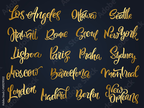 Set of handwritten city names. Hand-lettering calligraphy. London, Paris, Berlin, Madrid, New York, Moscow, Barcelona, Hawaii, Lisboa, Los Angeles, Montreal,New Orleans, Praha, Rome, Seoul, Sydney etc