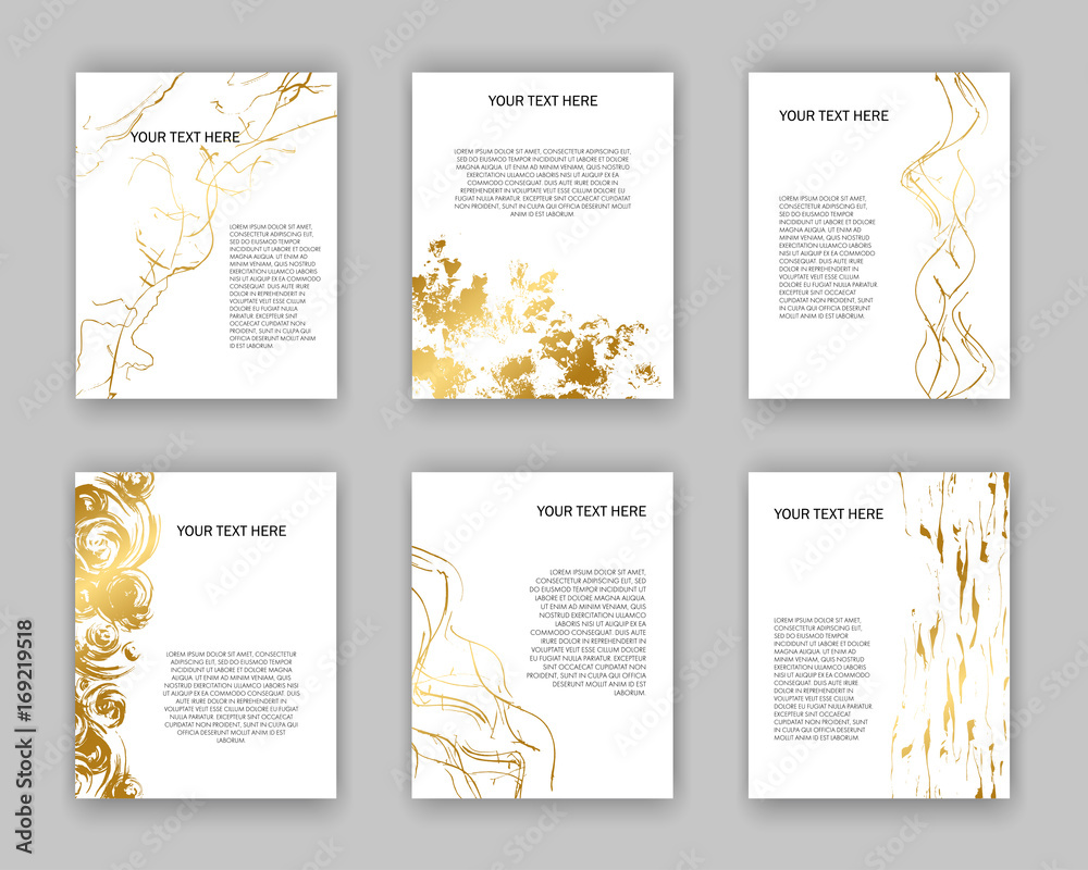 Set of white and gold flyers. Modern abstract design. Hand drawn ink pattern.