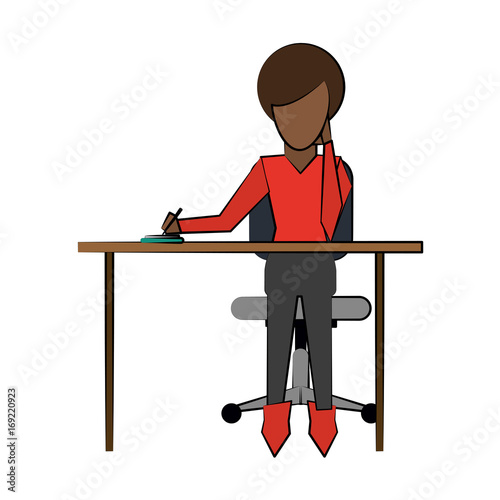 dark skin woman working on desk frontview icon image vector illustration design 