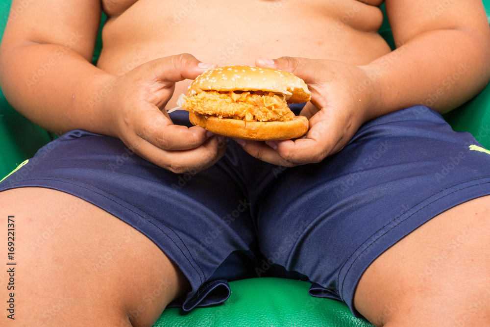 Fat Boy eating hamburger,junk food Fat Boy eating hamburger,junk food