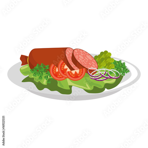 gourmet dish with salami and salad icon over white background vector illustration