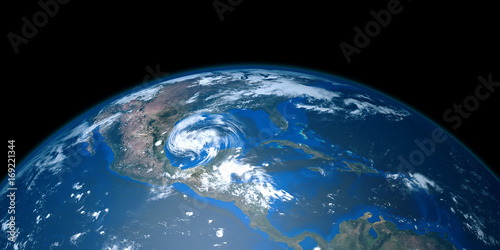 Fototapeta Naklejka Na Ścianę i Meble -  Extremely detailed and realistic high resolution 3D illustration of a Hurricane approaching Texas. Shot from Space. Elements of this image are furnished by Nasa.