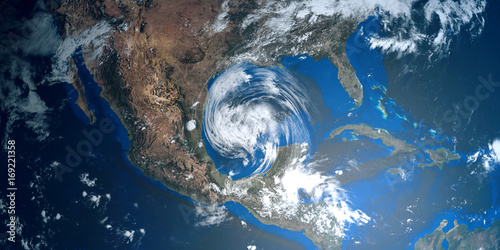 Extremely detailed and realistic high resolution 3D illustration of a Hurricane approaching Texas. Shot from Space. Elements of this image are furnished by Nasa. photo