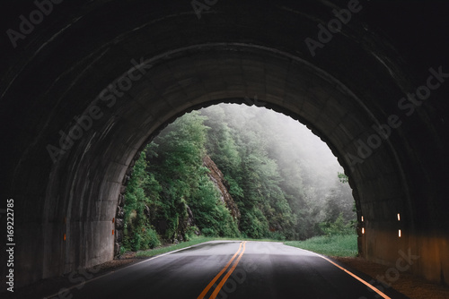 Fototapeta Foggy tunnel road // Blue Ridge Parkway, North Carolina
