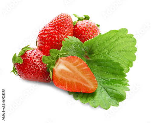 Perfect delicious strawberry with leaves on white background