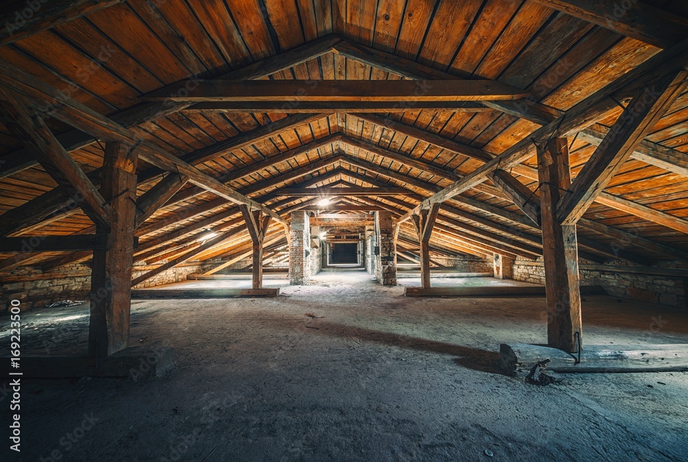 Creepy attic interior at abandoned building Creepy attic interior at abandoned building