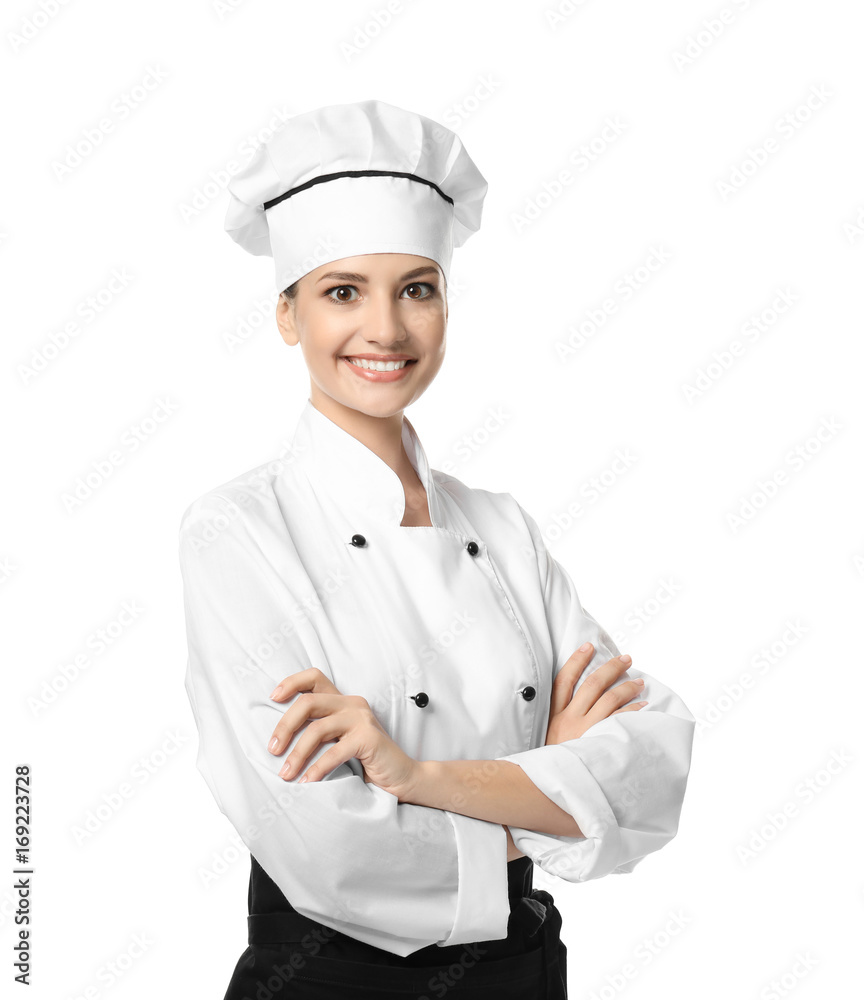 Young female chef on white background Young female chef on white background