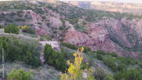 Palo Duro canyon, Texas state park. August, 2017. POV. point aerial view of canyon at sunset.