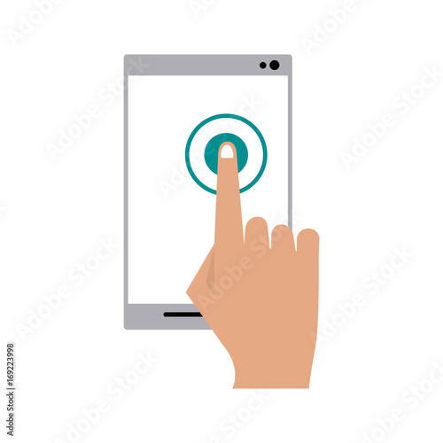 hand tapping on modern cellphone icon image vector illustration design 