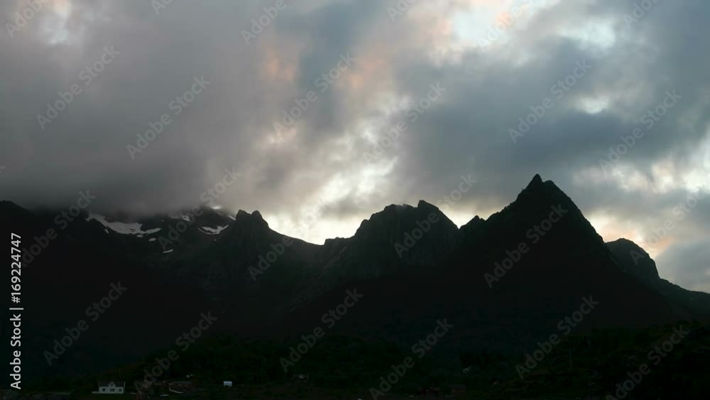 Beautiful sunset panorama view on Lofoten islands, Norway. Timelapse clip. Beautiful sunset panorama view on Lofoten islands, Norway. Timelapse clip.