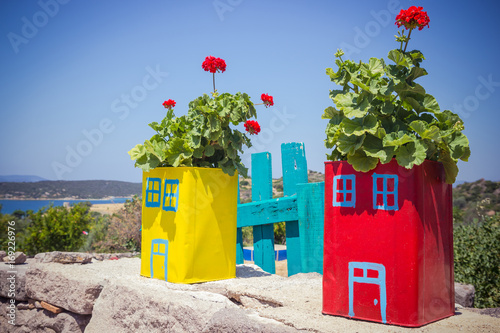Fototapeta Naklejka Na Ścianę i Meble -  Blooming red geranium in multicolored pots stands on a stone wall in the street, view at midday
