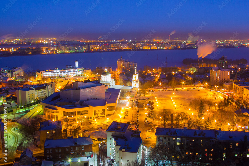 Night aerial Voronezh cityscape. Soviet square, Intercession Cathedral, concert hall