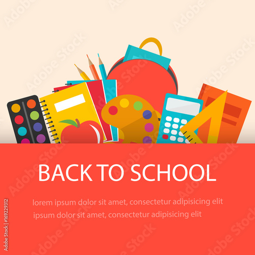 Back to school concept, flat design. School  supplies  backgroun