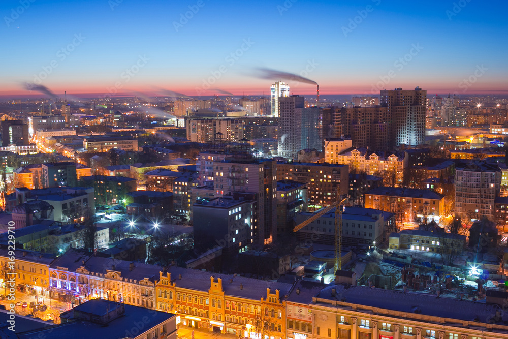 Aerial view to night Voronezh downtown. Modern and historical buildings  - obrazy, fototapety, plakaty 