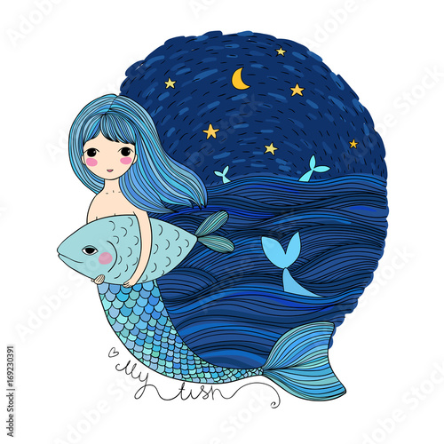 Cute cartoon mermaid and fish. Siren. Sea theme. isolated objects on white background.