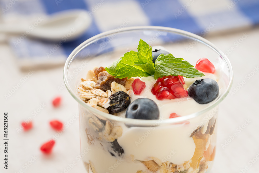 Cup of breakfast healthy muesli with blueberries, seeds of pomegranate and yogurt. Cup of breakfast healthy muesli with blueberries, seeds of pomegranate and yogurt.