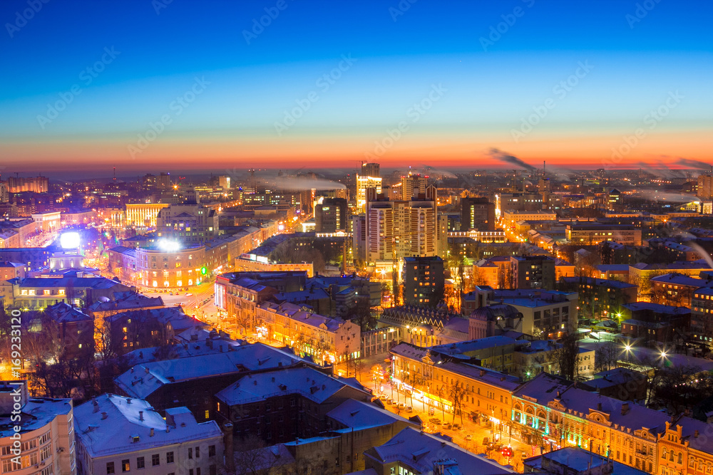 Winter night Voronezh downtown aerial cityscape. View to Revolution prospect