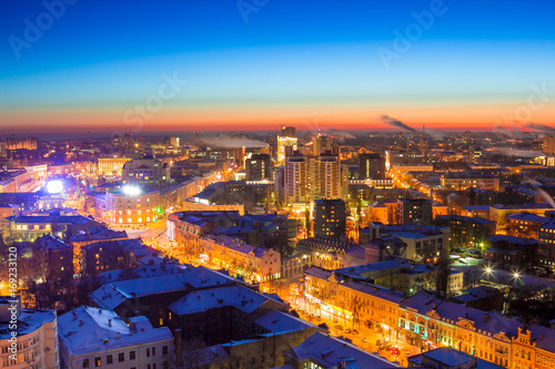 Winter night Voronezh downtown aerial cityscape. View to Revolution prospect