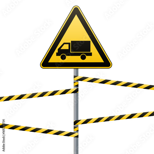 Caution - danger Warning sign safety. Beware of the Car. A yellow triangle with a black image. The sign on the pole and protecting ribbons. Vector Image.