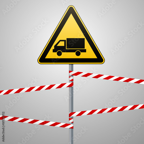 Caution - danger Warning sign safety. Beware of the Car. A yellow triangle with a black image. The sign on the pole and protecting ribbons. Vector Image.