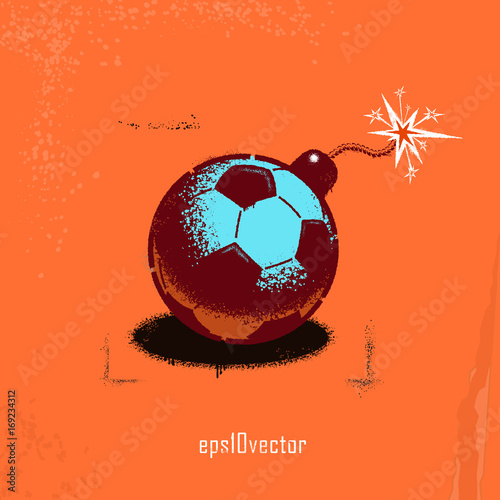 Football soccer bomb with a burning fuse cord as a stencil on the wall . eps10. Street art.