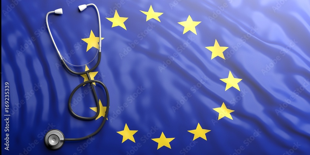 Stethoscope on European Union flag, 3d illustration - obrazy, fototapety, plakaty 