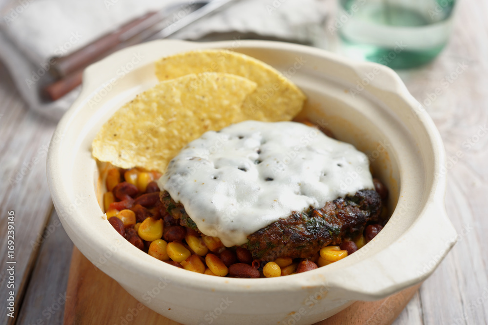 Beef burger with corn and bean Beef burger with corn and bean