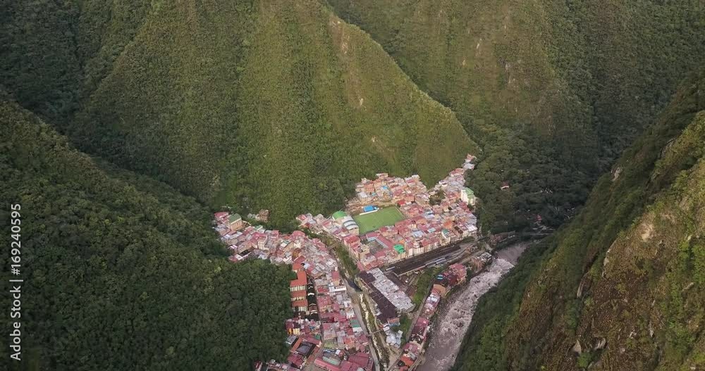 Aguas Calientes Peru Aerial v6 Flying high above town panning up
