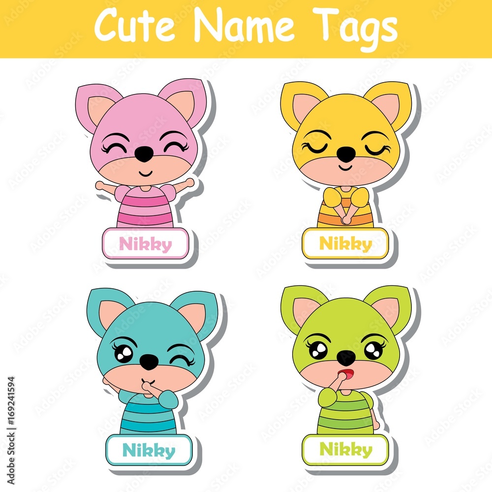 Name tag Vector cartoon of colorful cute fox girls suitable for kid name tag set design, label name, and sticker set Stock Vector | Adobe Stock Name tag Vector cartoon of colorful cute fox girls suitable for kid name tag set design, label name, and sticker set Stock Vector | Adobe Stock