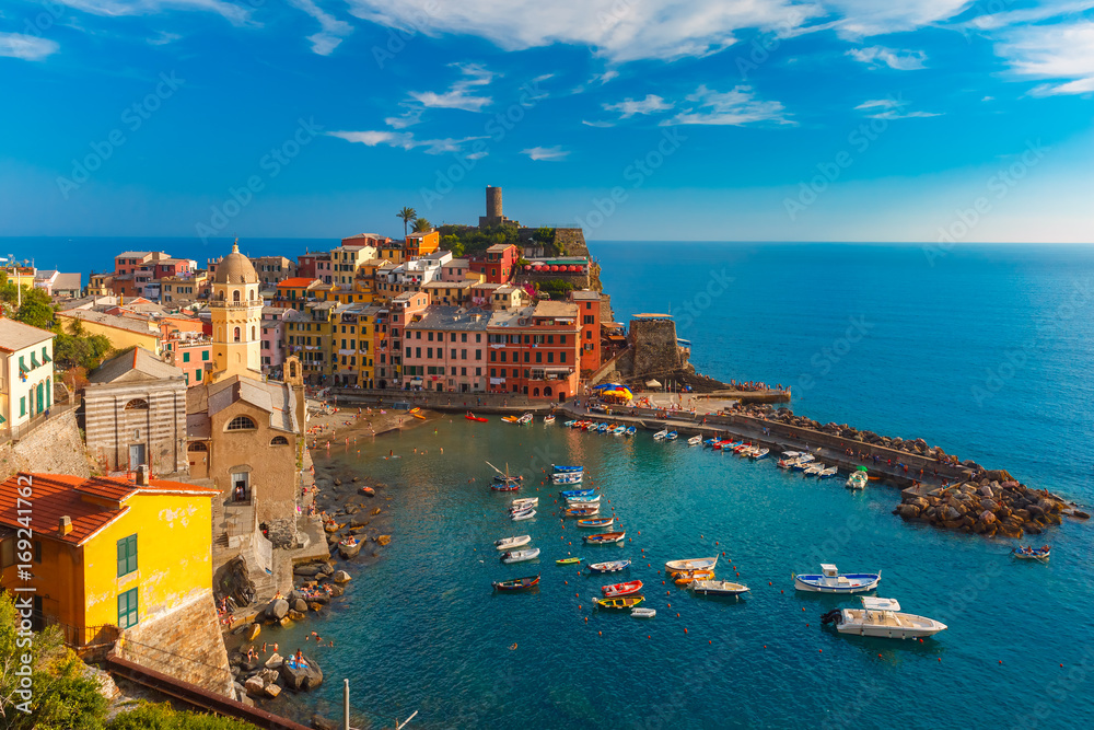 Aerial panoramic view of Vernazza fishing village in the evening, Five lands, Cinque Terre National Park, Liguria, Italy.
