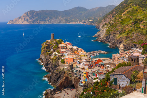Aerial view of Vernazza fishing village in Five lands and Mediterranean Sea, Cinque Terre National Park, Liguria, Italy.