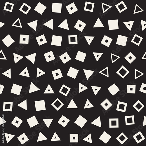 Seamless primitive jumble minimalism patterns. Randomly scattered geometric shapes. Abstract background design
